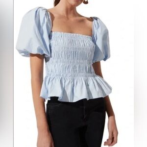 ASTR the Label,puffed sleeve peplum top,smocking,square neckline,Savina sz Small